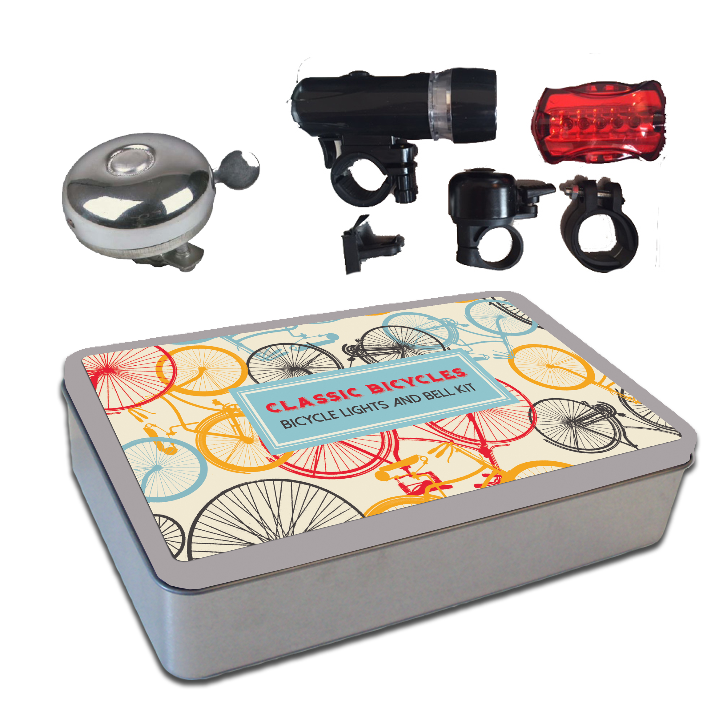 Bike lights & bell kit in a tin